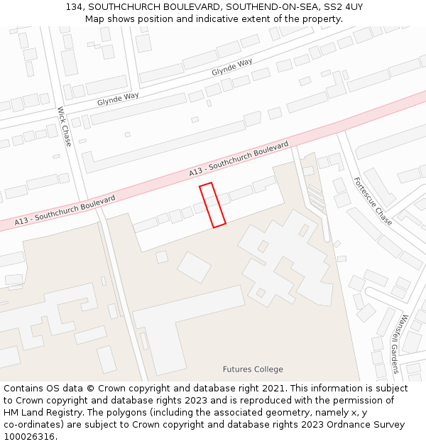 134, SOUTHCHURCH BOULEVARD, SOUTHEND-ON-SEA, SS2 4UY: Location map and indicative extent of plot