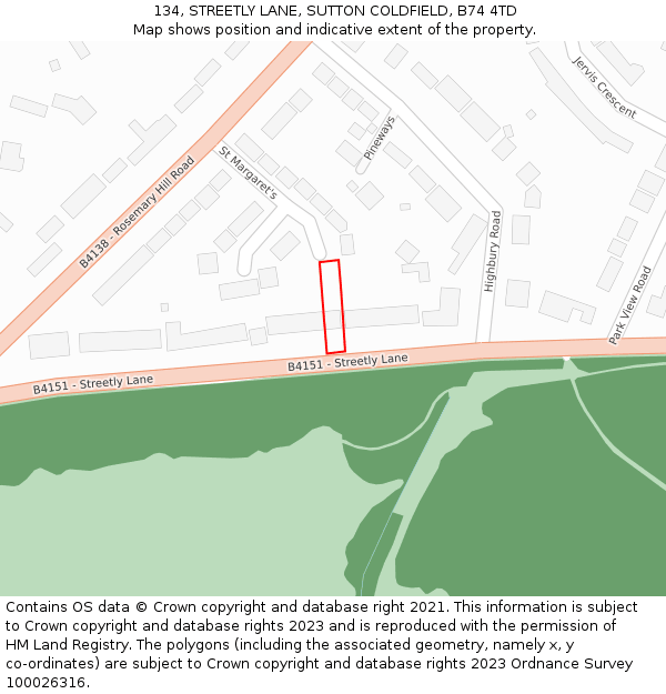 134, STREETLY LANE, SUTTON COLDFIELD, B74 4TD: Location map and indicative extent of plot