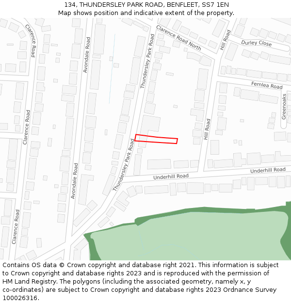 134, THUNDERSLEY PARK ROAD, BENFLEET, SS7 1EN: Location map and indicative extent of plot