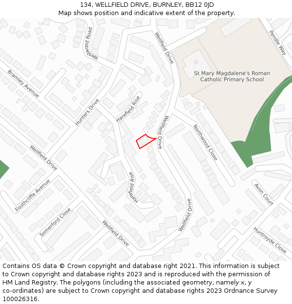 134, WELLFIELD DRIVE, BURNLEY, BB12 0JD: Location map and indicative extent of plot