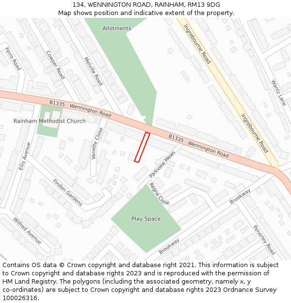 134, WENNINGTON ROAD, RAINHAM, RM13 9DG: Location map and indicative extent of plot