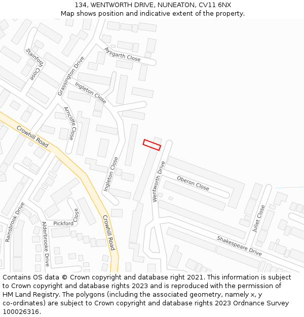 134, WENTWORTH DRIVE, NUNEATON, CV11 6NX: Location map and indicative extent of plot