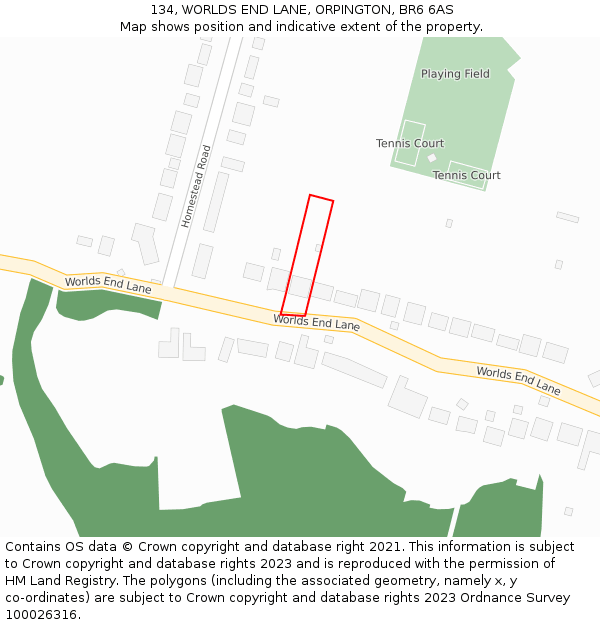 134, WORLDS END LANE, ORPINGTON, BR6 6AS: Location map and indicative extent of plot
