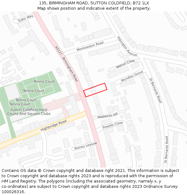 135, BIRMINGHAM ROAD, SUTTON COLDFIELD, B72 1LX: Location map and indicative extent of plot
