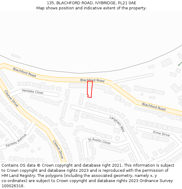 135, BLACHFORD ROAD, IVYBRIDGE, PL21 0AE: Location map and indicative extent of plot