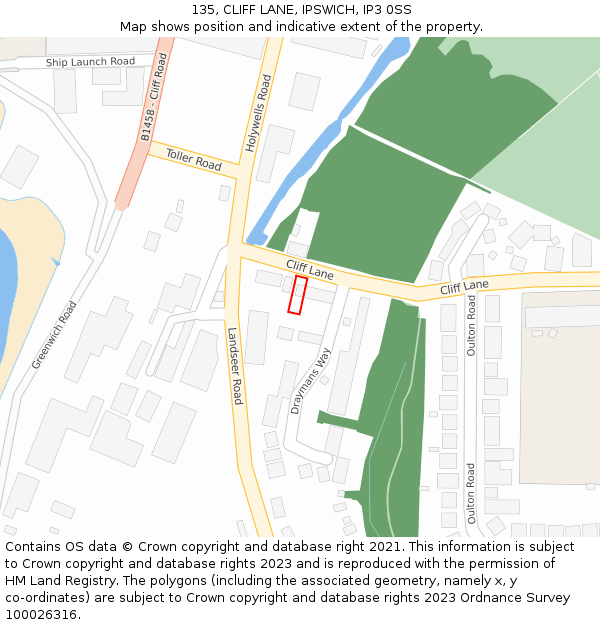 135, CLIFF LANE, IPSWICH, IP3 0SS: Location map and indicative extent of plot