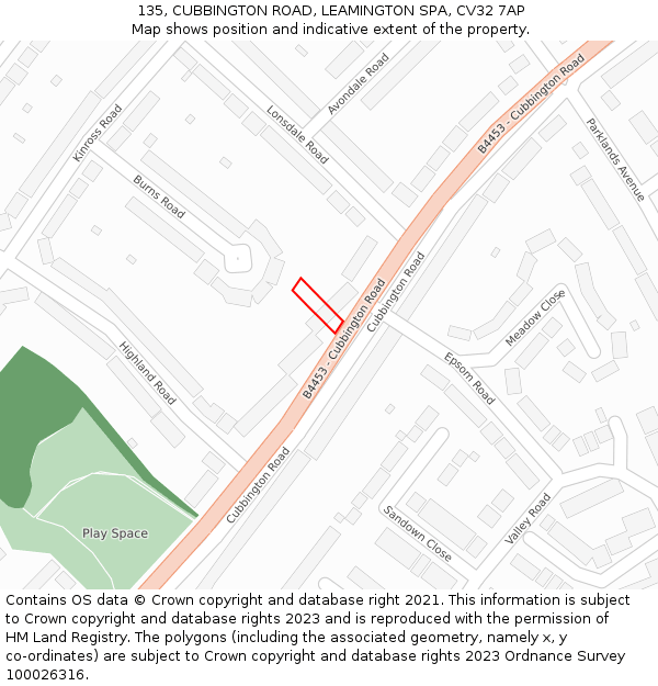 135, CUBBINGTON ROAD, LEAMINGTON SPA, CV32 7AP: Location map and indicative extent of plot