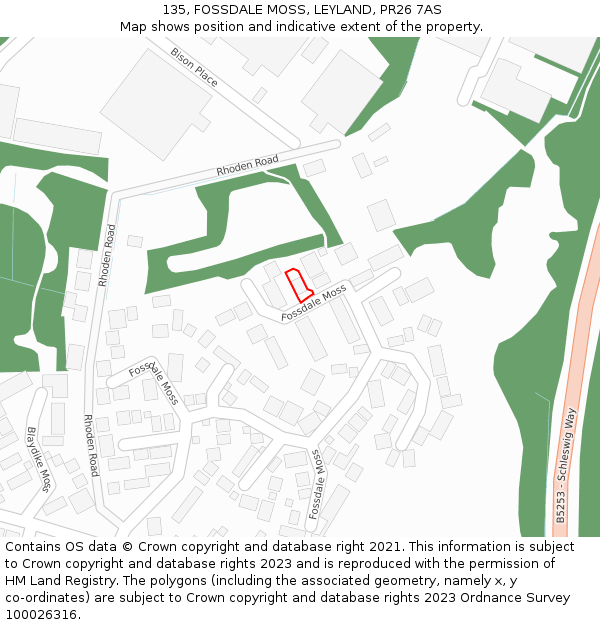 135, FOSSDALE MOSS, LEYLAND, PR26 7AS: Location map and indicative extent of plot