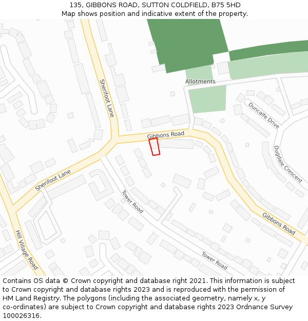 135, GIBBONS ROAD, SUTTON COLDFIELD, B75 5HD: Location map and indicative extent of plot