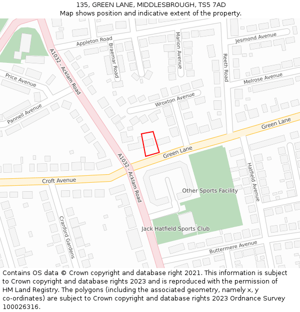 135, GREEN LANE, MIDDLESBROUGH, TS5 7AD: Location map and indicative extent of plot
