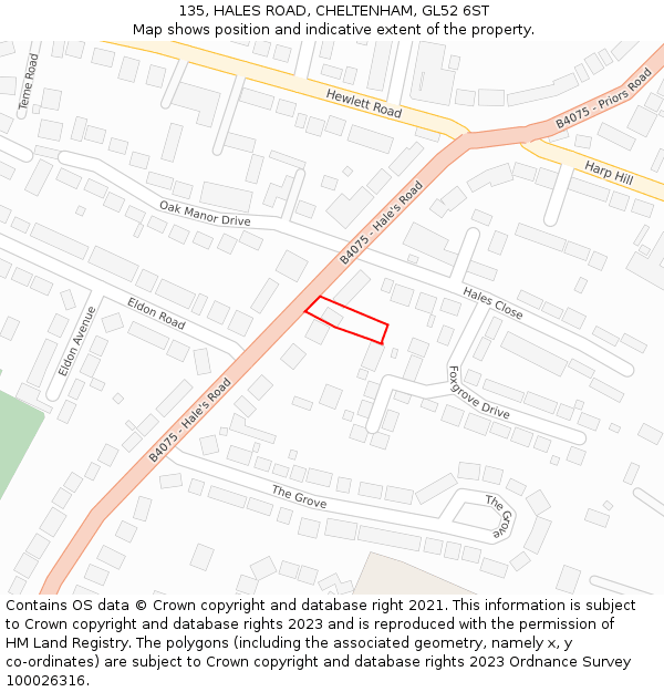 135, HALES ROAD, CHELTENHAM, GL52 6ST: Location map and indicative extent of plot