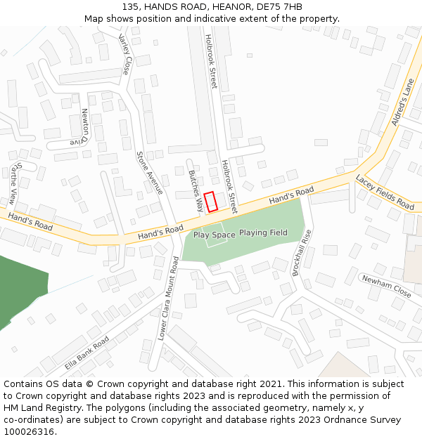 135, HANDS ROAD, HEANOR, DE75 7HB: Location map and indicative extent of plot