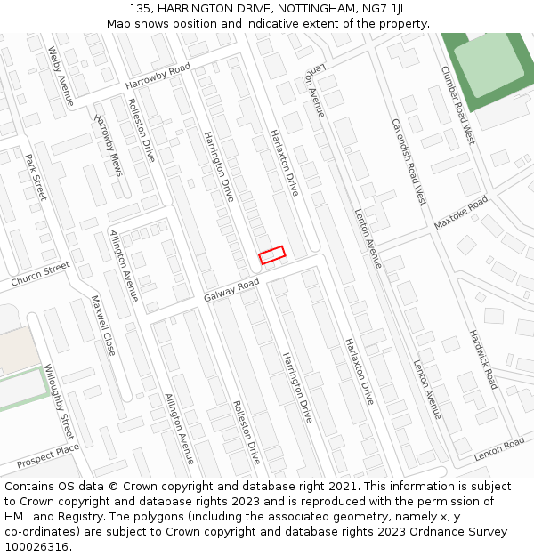 135, HARRINGTON DRIVE, NOTTINGHAM, NG7 1JL: Location map and indicative extent of plot