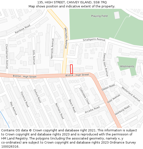 135, HIGH STREET, CANVEY ISLAND, SS8 7RQ: Location map and indicative extent of plot