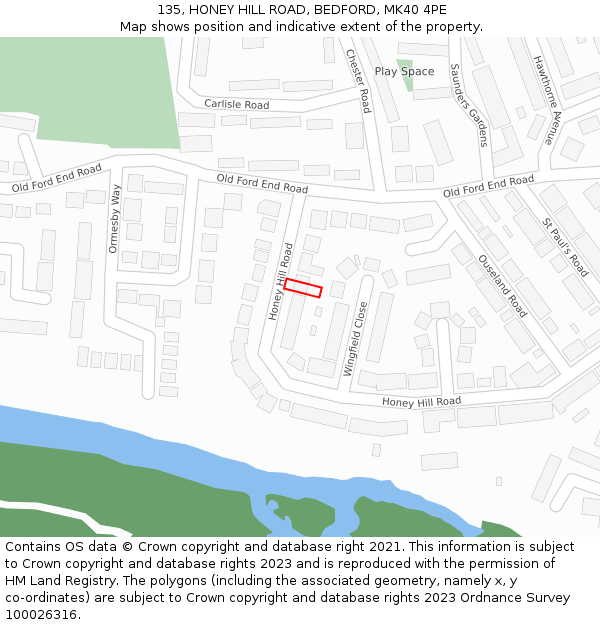 135, HONEY HILL ROAD, BEDFORD, MK40 4PE: Location map and indicative extent of plot