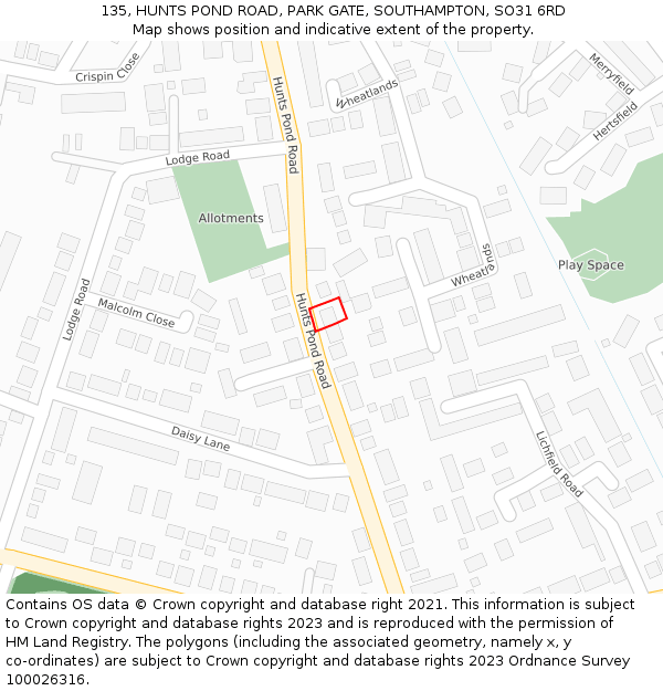 135, HUNTS POND ROAD, PARK GATE, SOUTHAMPTON, SO31 6RD: Location map and indicative extent of plot