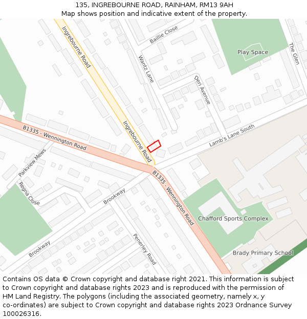 135, INGREBOURNE ROAD, RAINHAM, RM13 9AH: Location map and indicative extent of plot