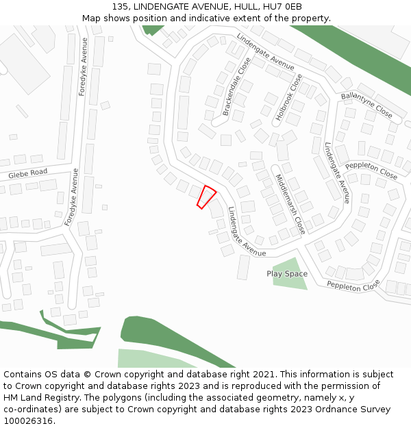 135, LINDENGATE AVENUE, HULL, HU7 0EB: Location map and indicative extent of plot
