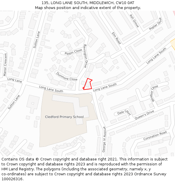 135, LONG LANE SOUTH, MIDDLEWICH, CW10 0AT: Location map and indicative extent of plot