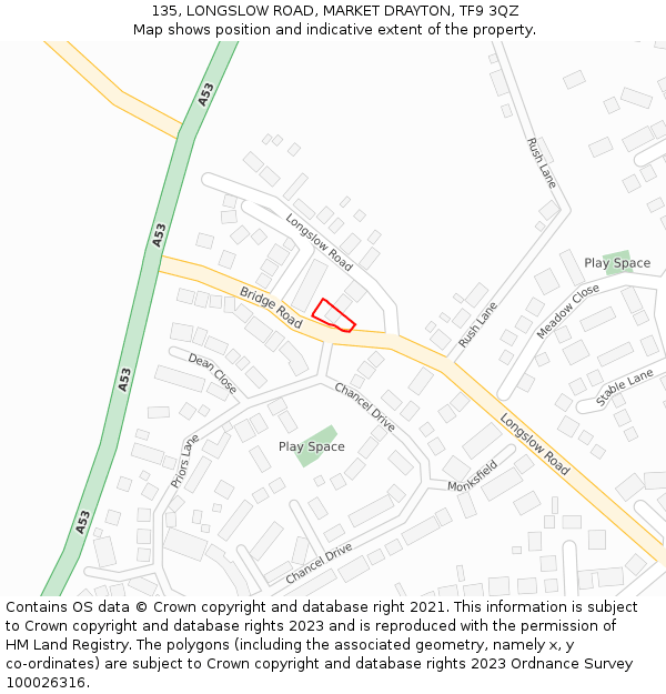 135, LONGSLOW ROAD, MARKET DRAYTON, TF9 3QZ: Location map and indicative extent of plot