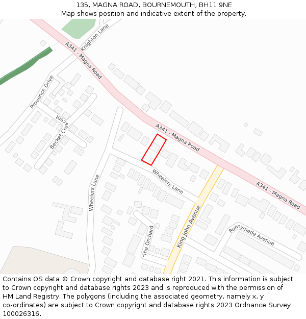 135, MAGNA ROAD, BOURNEMOUTH, BH11 9NE: Location map and indicative extent of plot