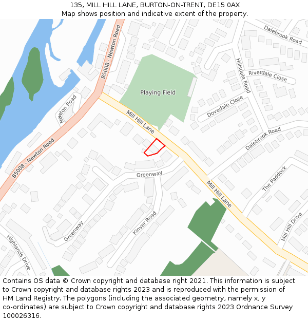 135, MILL HILL LANE, BURTON-ON-TRENT, DE15 0AX: Location map and indicative extent of plot