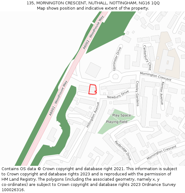 135, MORNINGTON CRESCENT, NUTHALL, NOTTINGHAM, NG16 1QQ: Location map and indicative extent of plot