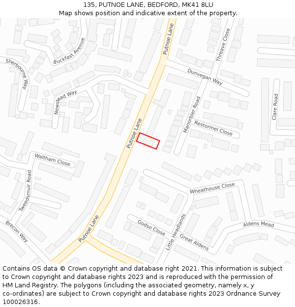 135, PUTNOE LANE, BEDFORD, MK41 8LU: Location map and indicative extent of plot