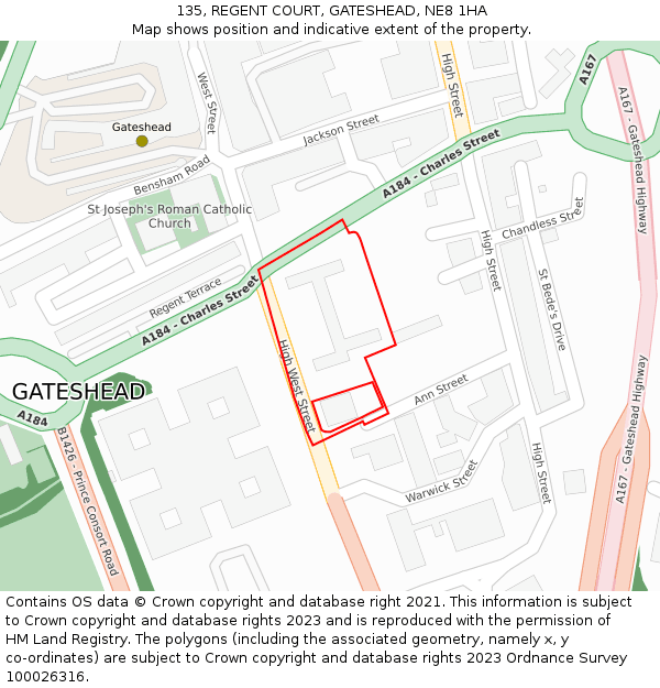 135, REGENT COURT, GATESHEAD, NE8 1HA: Location map and indicative extent of plot