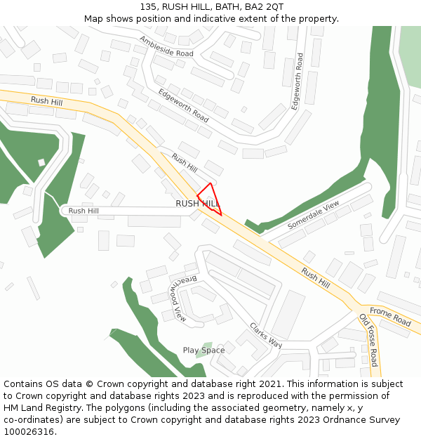 135, RUSH HILL, BATH, BA2 2QT: Location map and indicative extent of plot