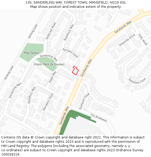 135, SANDERLING WAY, FOREST TOWN, MANSFIELD, NG19 0GL: Location map and indicative extent of plot