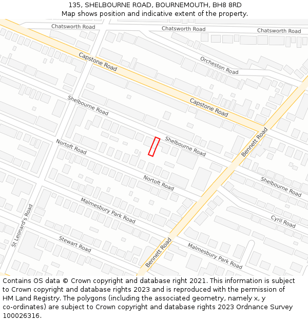 135, SHELBOURNE ROAD, BOURNEMOUTH, BH8 8RD: Location map and indicative extent of plot