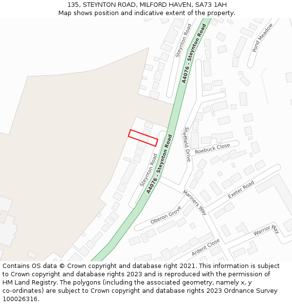 135, STEYNTON ROAD, MILFORD HAVEN, SA73 1AH: Location map and indicative extent of plot