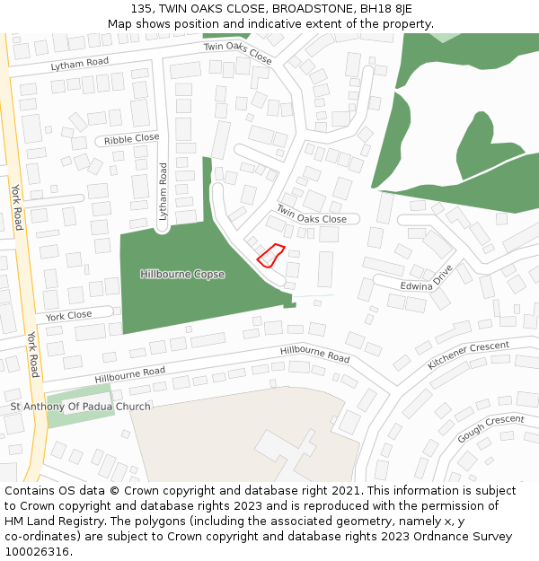 135, TWIN OAKS CLOSE, BROADSTONE, BH18 8JE: Location map and indicative extent of plot