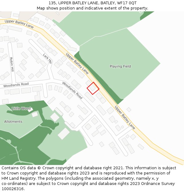 135, UPPER BATLEY LANE, BATLEY, WF17 0QT: Location map and indicative extent of plot