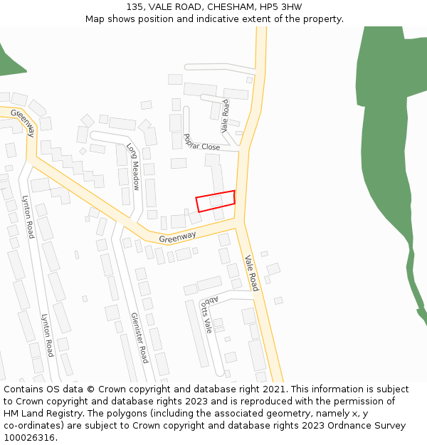 135, VALE ROAD, CHESHAM, HP5 3HW: Location map and indicative extent of plot