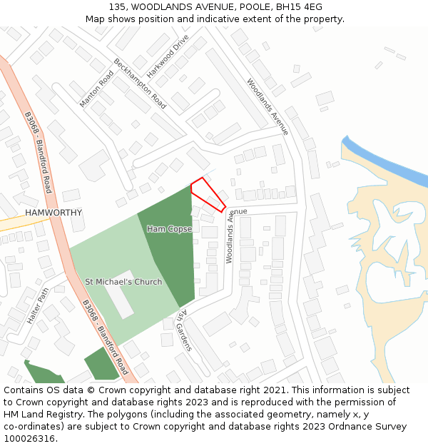 135, WOODLANDS AVENUE, POOLE, BH15 4EG: Location map and indicative extent of plot