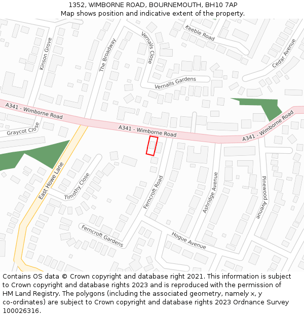 1352, WIMBORNE ROAD, BOURNEMOUTH, BH10 7AP: Location map and indicative extent of plot