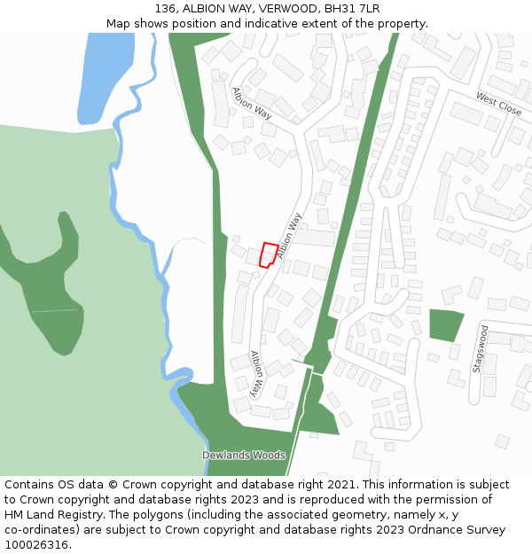 136, ALBION WAY, VERWOOD, BH31 7LR: Location map and indicative extent of plot