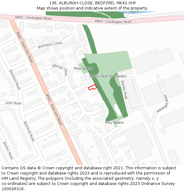 136, ALBURGH CLOSE, BEDFORD, MK42 0HF: Location map and indicative extent of plot