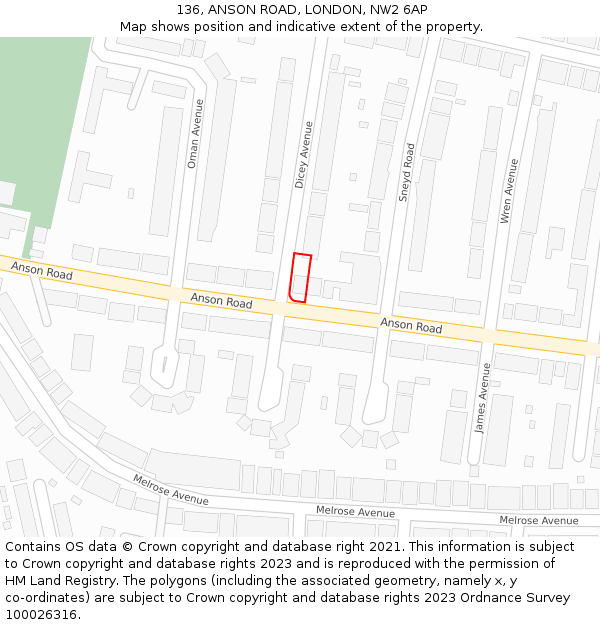 136, ANSON ROAD, LONDON, NW2 6AP: Location map and indicative extent of plot
