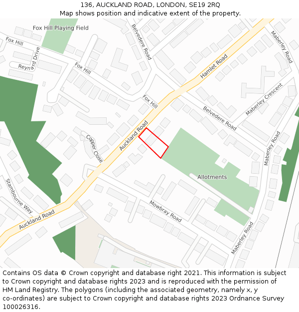136, AUCKLAND ROAD, LONDON, SE19 2RQ: Location map and indicative extent of plot