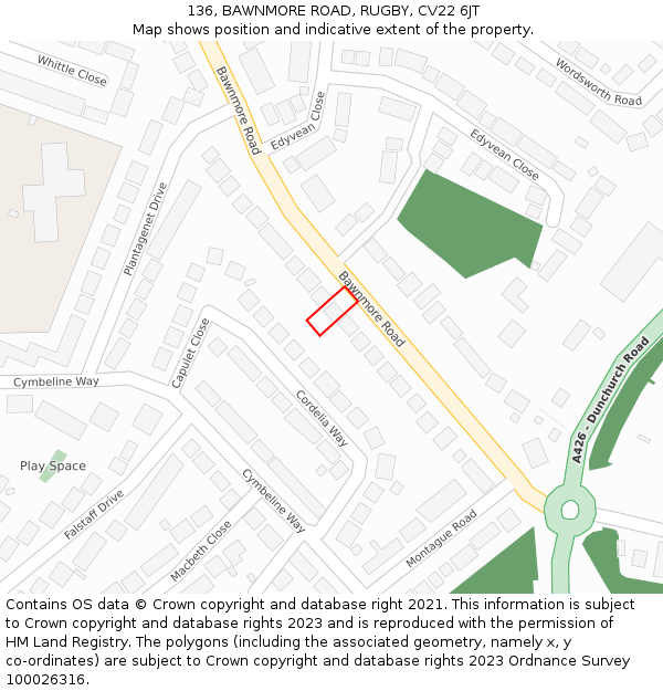 136, BAWNMORE ROAD, RUGBY, CV22 6JT: Location map and indicative extent of plot