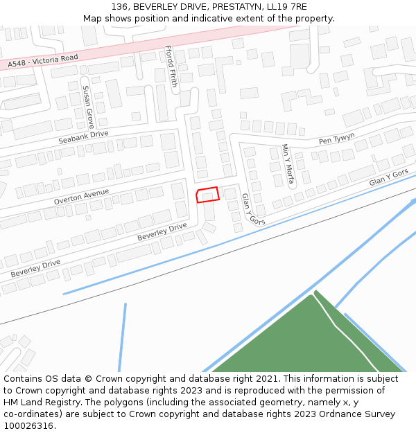 136, BEVERLEY DRIVE, PRESTATYN, LL19 7RE: Location map and indicative extent of plot