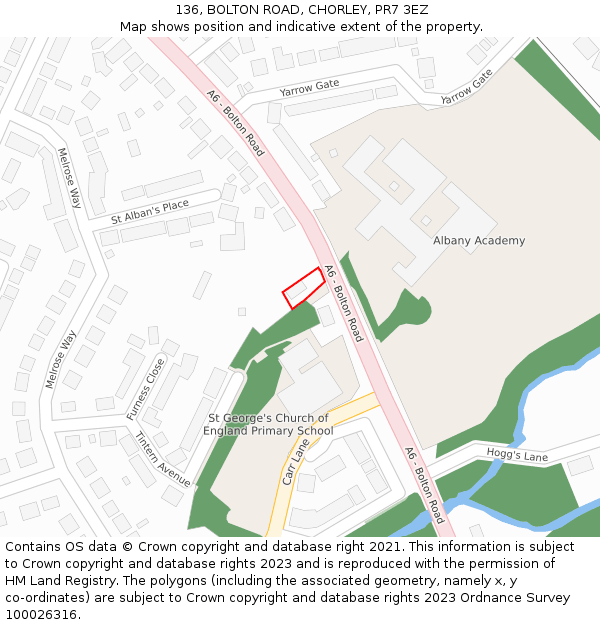 136, BOLTON ROAD, CHORLEY, PR7 3EZ: Location map and indicative extent of plot