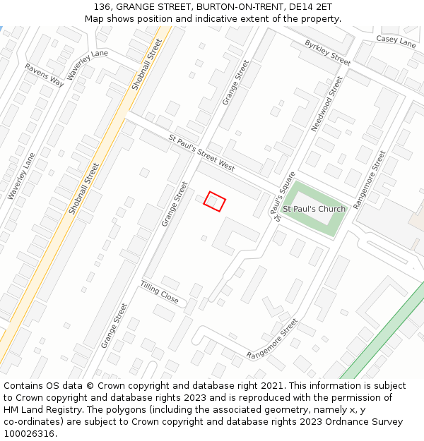 136, GRANGE STREET, BURTON-ON-TRENT, DE14 2ET: Location map and indicative extent of plot