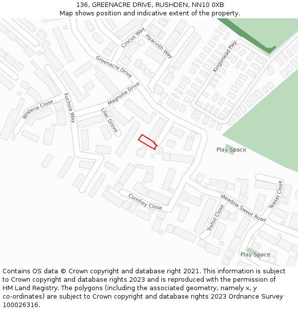 136, GREENACRE DRIVE, RUSHDEN, NN10 0XB: Location map and indicative extent of plot