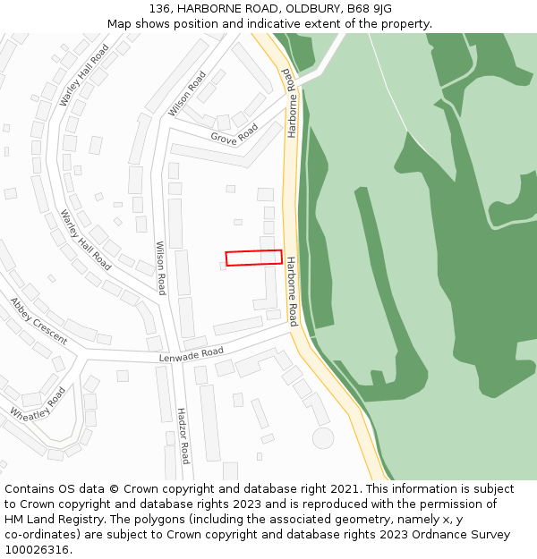 136, HARBORNE ROAD, OLDBURY, B68 9JG: Location map and indicative extent of plot