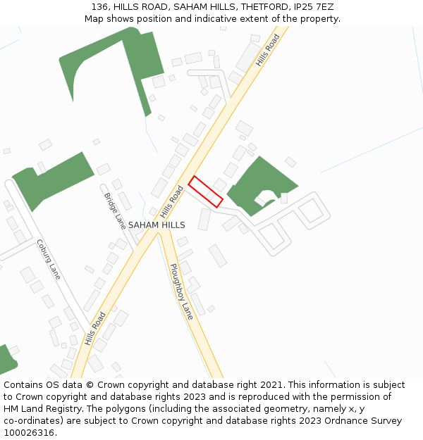 136, HILLS ROAD, SAHAM HILLS, THETFORD, IP25 7EZ: Location map and indicative extent of plot