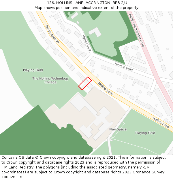 136, HOLLINS LANE, ACCRINGTON, BB5 2JU: Location map and indicative extent of plot